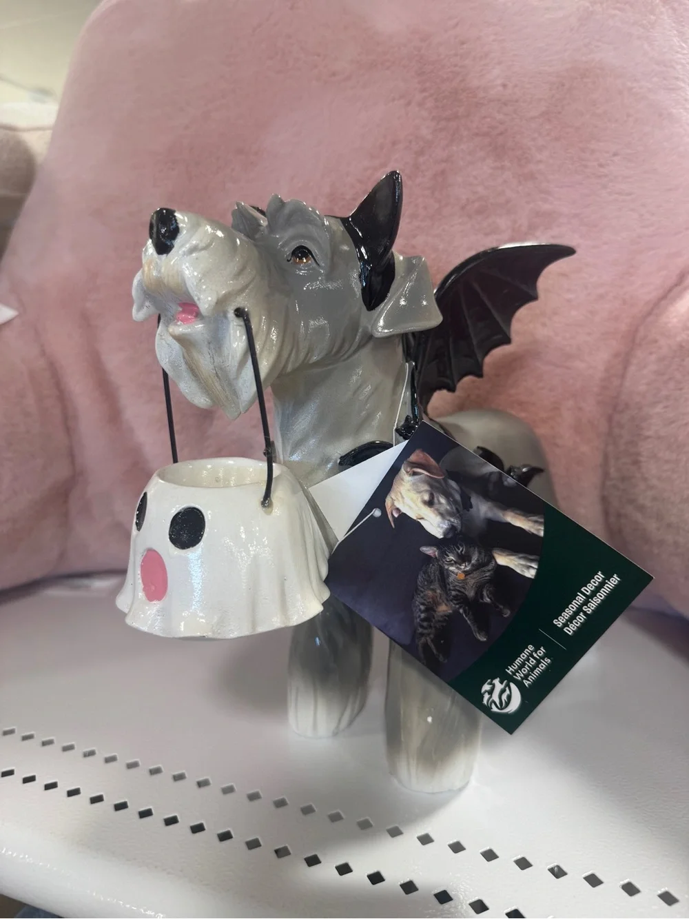 Halloween Schnauzer Dog Holding Ghost Bucket in Bat Custom Decor Figure